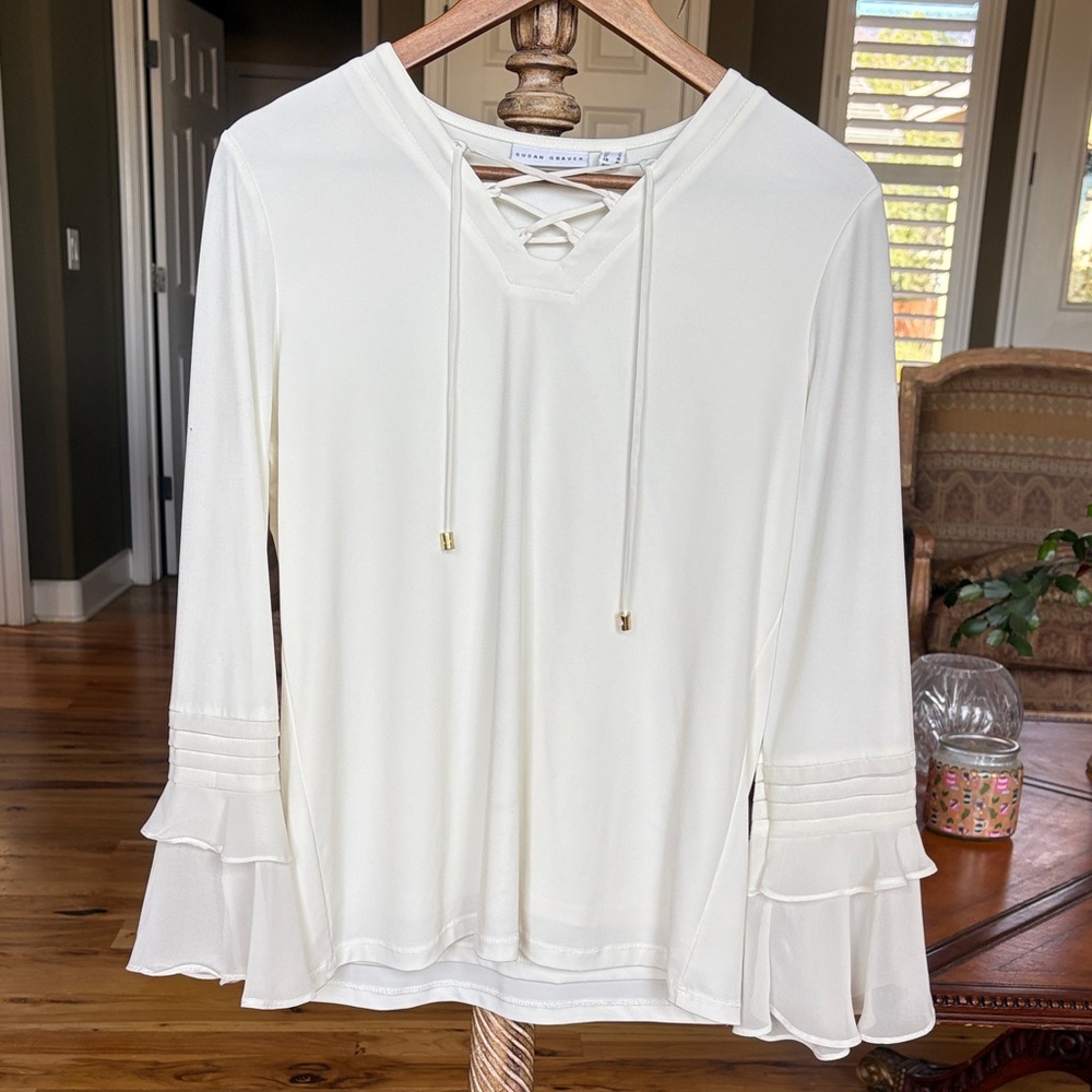 Susan Graver White Long Sleeve Blouse with Ruffle Cuffs